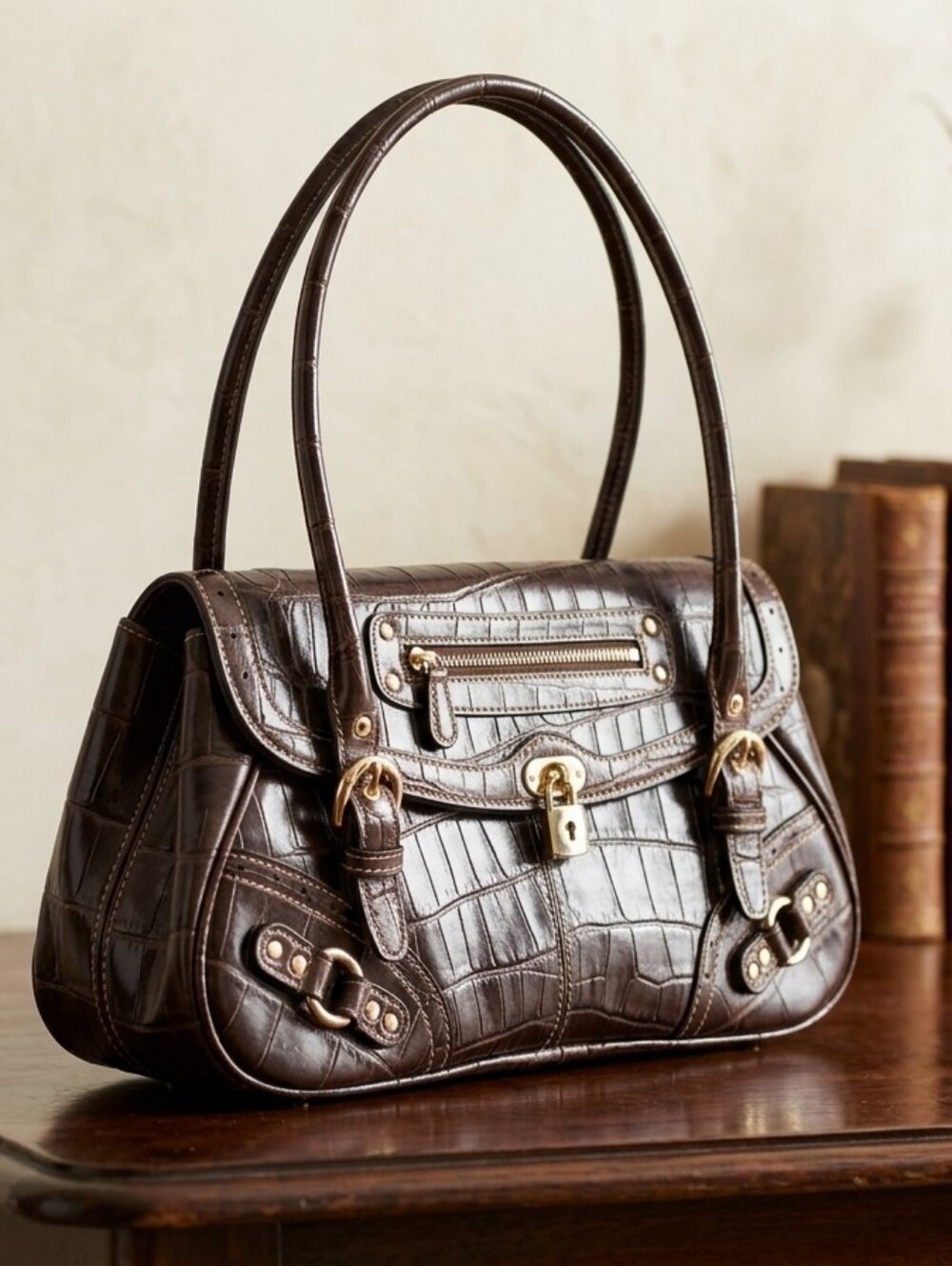 Apt. 9 Dark Brown Croc-Embossed Shoulder Bag with Gold Hardware
